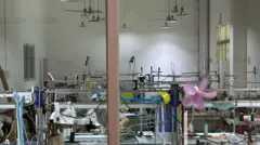 Uma janela com um peitoril marrom dá para uma sala com máquinas de costura com uma fileira de luzes e ventiladores verdes. Outro ventilador roxo também pode ser visto mais abaixo.