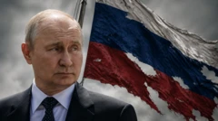 Фото Володимира Путіна у темному класичному костюмі, білій сорочці та темній краватці з дрібним візерунком. Політик дивиться вбік, а не в об’єктив камери. На задньому плані розташований великий російський триколор із численними розривами та потертостями.