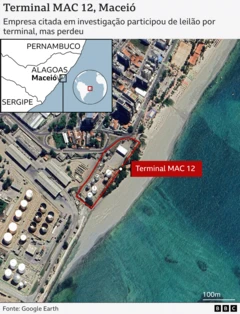 Mapa indicando localização por satélite de um terminal à beira do mar em Maceió