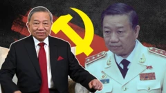 Ảnh thiết kế: ông Tô Lâm khi làm tổng bí thư, mặc áo vest đen, thắt cà vạt đỏ (trái), và ông Tô Lâm khi làm bộ trưởng công an, mặc quân phục màu trắng (phải), trên phông nền biểu tượng búa liềm