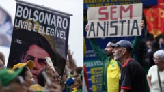 Montagem de fotos mostra, à esquerda, apoiadores do ex-presidente Jair Bolsonaro segurando uma faixa com os dizeres "Bolsonaro livre e elegível" em uma manifestação durante o Dia da Independência, na praia de Copacabana, no Rio de Janeiro, em 7 de setembro de 2025. À direita, um manifestante segura um cartaz contra Bolsonaro, onde se lê "Sem anistia", durante o Dia da Independência, no Rio de Janeiro.