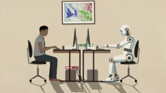 Profissional de tecnologia trabalhando em um computador, em frente a um robô que também está trabalhando em um computador