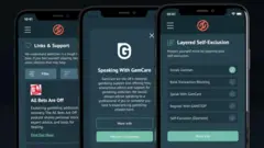 Três celulares mostram diferentes interfaces do aplicativo Gamban