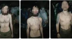 Колаж із фото трьох дуже худих чоловіків, голих по пояс, із заблюреними обличчями