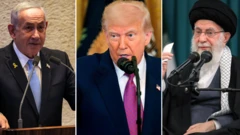 Collage foto of Benjamin Netanyahu, Donald Trump and Ali Hosseini Khamenei