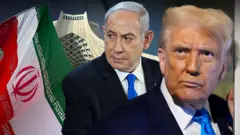 Биньямин Нетаньяху и Дональд Трамп на фоне флага Ирана