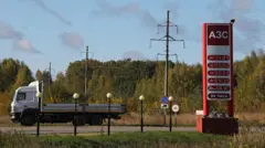 Дневной снимок возле проселочной дороги в Нижегородской области: красная вывеска «АЗС» с ценами: АИ-95 – 79,99; АИ-92 и АИ-76 – 00.00; дизельное и зимнее дизельное топливо – 69,30; Ниже написано