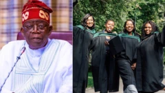 A collage of Bola Tinubu and a group of students