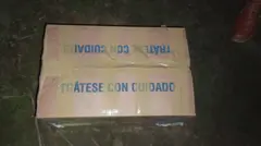 A caixa de papelão, fechada com fita adesiva, com uma mensagem em espanhol, em letras azuis: "Trate com cuidado."