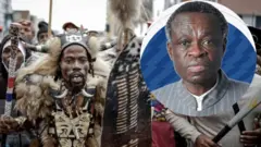 Photo of Prof Patrick Lumumba inset over photo of anti-immigration protesters in South Africa