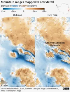 Ein visueller Vergleich nebeneinander liegender Karten zeigt erhebliche Unterschiede zwischen der alten und der neuen Karte hinsichtlich der Höhe des Landes unter dem Eis in einem vergrößerten Gebiet der Ostantarktis.