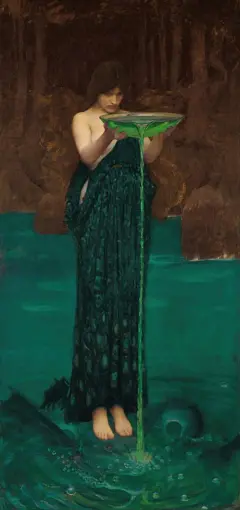 Óleo "Circe Invidiosa" (1892), de John William Waterhouse, artista inglés (1849 - 1917). Una esbelta figura de pelo castaño largo, vestida con un manto verde esmeralda, sostiene un platón transparente con un líquido verde que deja vertir sobre una corriente igualmente verde.