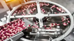Cápsulas de coloração vermelha e rosa são distribuídas para um alimentador em uma fábrica de produtos farmacêuticos