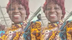 Omolola Mensah to wọ ankara alawọ yẹlo ati buluu, to si de wiigi kekere, ń rẹ́rìn-ín sí ẹ̀rọ ayàwòrán