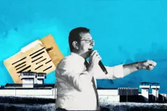 İmamoğlu'nu tek başına görüyoruz. Elinde mikrofonla dinleyicilere hitap ediyor. Arkada Silivri'deki cezaevi var. Bu BBC tarafından programla hazırlanmış bir görsel.