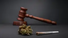 Cigarro e erva de maconha, com martelo representando a Justiça atrás