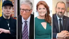 چهار تصویر جداگانه در کنار هم. از راست به چپ: ایهود باراک، سارا فرگوسن، بیل گیتس و ایلان ماسک