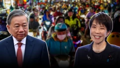 Ảnh ghép: ông Tô Lâm (trái) và bà Takaichi (phải), đằng sau là khung cảnh đường phố Việt Nam chật ních xe máy 