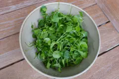 Tigela branca contendo agrião sobre uma mesa de madeira