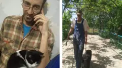 Duas fotos aparecem na montagem. A primeira mostra Sergei com um gato preto e branco e a segunda mostra ele caminhando com um cachorro preto