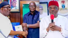 Gomina Similinayi Fubara ipinlẹ Rivers wọ aṣọ funfun, akọwe ẹgbẹ APC wọ aṣọ buluu nigba ti Nyesom Wike wọ aṣọ funfun bakan naa