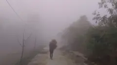 महोत्तरी जिल्लाको जलेश्वर नगरपालिकास्थित एउटा ग्रामीण सडकमा हुस्सु लागेको बेला पराल बोकेर हिँडिरहेका स्थानीय एक किसान