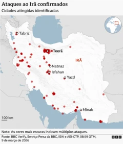 Mapa destacando o Irã em branco. Os países que foram alvo de ataques do Irã estão identificados: Israel, Chipre, Líbano, Iraque, Kuwait, Jordânia, Bahrein, Catar, Emirados Árabes Unidos, Omã, Arábia Saudita e Azerbaijão. Os países vizinhos estão em cinza.