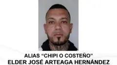 Aviso policial sobre la captura de Elder José Arteaga Hernández.