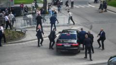 撃たれたフィツォ首相を公用車に乗せる警備担当たち（15日、スロヴァキア・ハンドロヴァ）