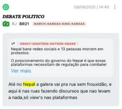 Exemplo de postagem em grupo de WhatsApp da direita sobre o Nepal