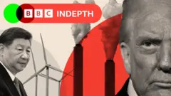 A montage image showing Xi Jinping, wind turbines and Donald Trump