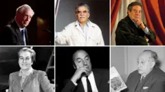 6 latinoamericanos ganadores del Nobel: Mario Vargas Llosa, Gabriel García Márquez, Octavio Paz, Gabriela Mistral, Pablo Neruda y Miguel Ángel Asturias.