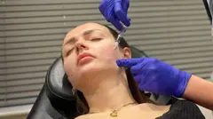 அபீ முகத்தில் ஊசி போட்டுக் கொள்கிறார்.
