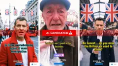A composite image showing stills from three videos on the "Great British People" Facebook page, with one showing a man in a read coat walking along Regent Street with Union Flags in the background, asking about "the overwhelming scale of mass immigration". A second video shows a pensioner looking distressed as he discusses his income, despite having "paid in for decades". A third shows a man in a dark suit holding a microphone with Union Flags in the background, asking "do you miss the Britain we used to know?"