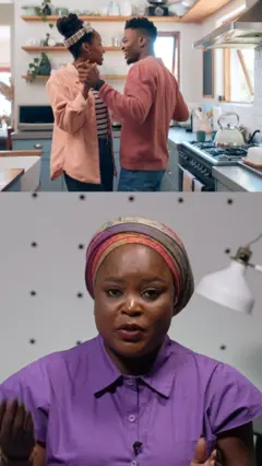 Aworan oni ipele meji ti loko laya n jo ninu ile ni ipele kini l'oke ti obinrin kan si n soro ni ipele ti isale