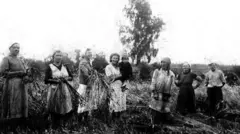 Чорно-біле фото: на полі стоїть група з восьми людей із в’язанками зрізаного збіжжя в руках. Посередині видно одного дорослого з маленькою дитиною на руках. Позаду — невисоке дерево й відкрите поле; під ногами — скошена трава або колосся. Обстановка виглядає як сільська праця під час жнив.