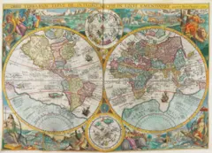 Mapamundi de 1644 que muestra trajes regionales, animales, barcos y plantas en los márgenes.