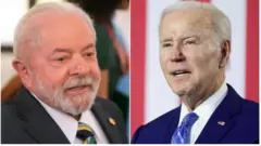 Colagem de fotos de Lula e Biden