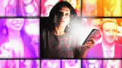 Montagem com repórter segurando um smartphone, com imagens de influencers e Mark Zuckerberg ao fundo