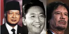 ইন্দোনেশিয়ার সাবেক প্রেসিডেন্ট সুহার্তো (বামে), ফিলিপিন্সের মার্কোস (মাঝে) এবং লিবিয়ার সাবেক নেতা মুয়াম্মার গাদ্দাফি (ডানে)