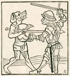 Gravura medieval retrata um guerreiro enfrentando um cinocéfalo, criatura mitológica com corpo humano e cabeça de cão que figurava em relatos de viajantes e lendas da época.