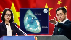 Ảnh ghép: Người phát ngôn Bộ Ngoại giao Việt Nam Phạm Thu Hằng (trái), người phát ngôn Bộ Ngoại giao Trung Quốc Lâm Kiếm (phải), ở giữa là hình Đá Hải Sâm