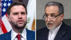 Bir etkinlikte konuşurken ABD bayrağının önünde, beyaz gömlek, kırmızı kravat ve mavi takım elbise içinde görülen ABD Başkan Yardımcısı JD Vance ile, gri bir arka plan önünde konuşan gözlüklü, beyaz gömlekli ve siyah takım elbiseli İran Dışişleri Bakanı Abbas Arakçi’nin yan yana yer aldığı birleşik görüntü
