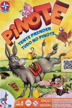 Caixa do jogo “Pinote”, da Estrela, com ilustração de um burro cinza empinando enquanto objetos e personagens voam ao redor. O nome do brinquedo aparece em letras grandes no topo, acompanhado da frase “Tente prender tudo no Pinote”. A embalagem também traz desenhos de animais, um caubói assustado e informações de faixa etária e número de jogadores.