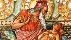 Dibujo coloreado del rey con su hija de oro