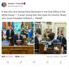 Print da publicação de Trump na Truth Social, em que ele posta duas fotos do encontro com Flávio Bolsonaro