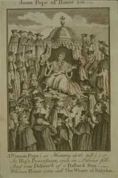 Esta gravura ilustra a visão protestante da lenda de Joana, descrevendo-a como "a prostituta da Babilônia"