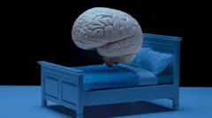 Um cérebro flutua acima de uma cama em um quarto escuro, em uma imagem animada