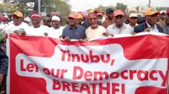 Peter Obi, Kwakwanso, David Mark, Atiku,, Amaechi, odas hold banner for Abuja during protest