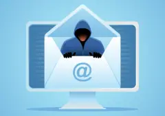 Thief comes out of an envelope, hacker, scam, phishing email concept, vector illustration